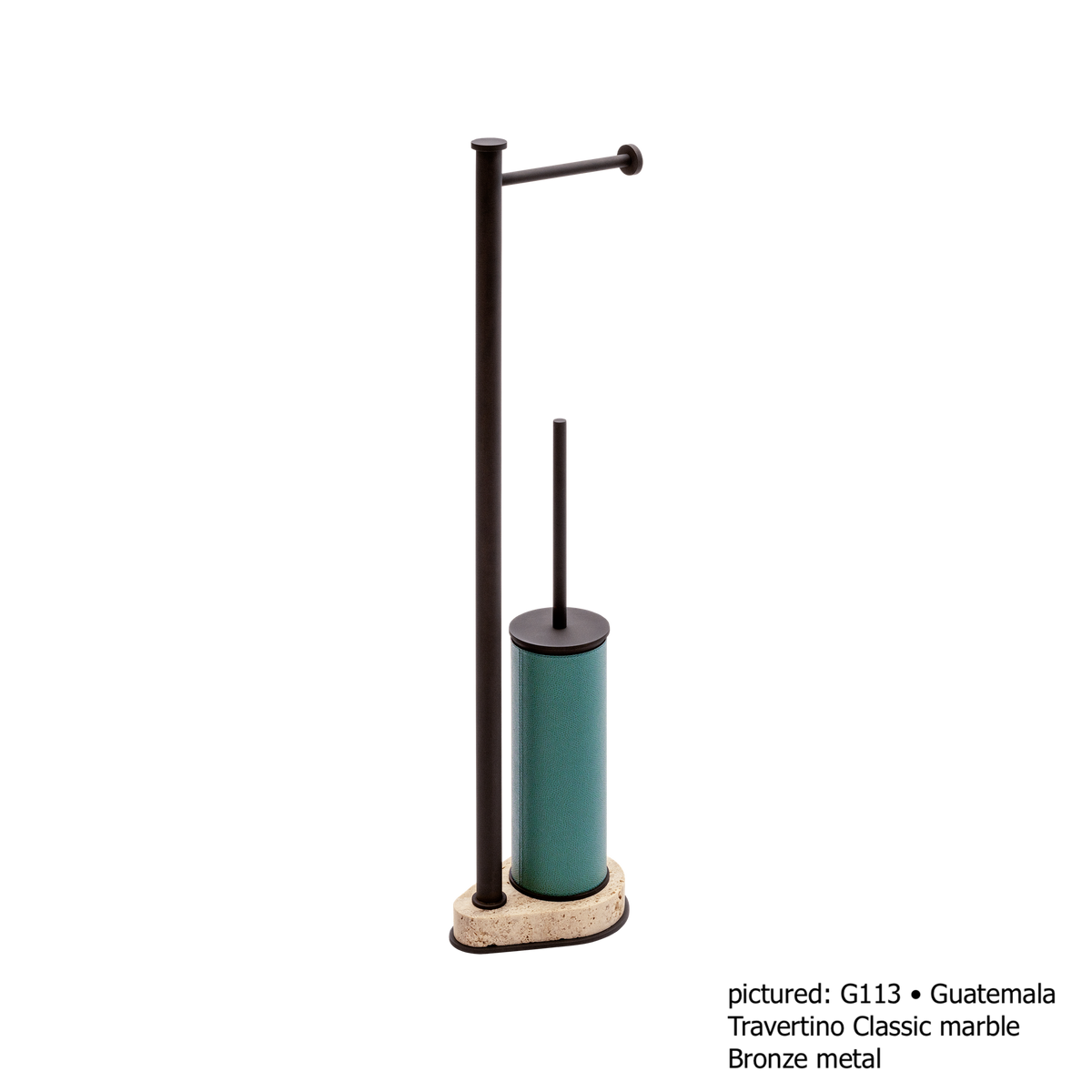 Giobagnara | Positano Freestanding Toilet Brush and Paper Holder: Integrated toilet brush and paper holder in leather, marble, or leather and marble | The Bathroom | 2Jour Concierge, your luxury lifestyle shop | luxury toilet brush holder, Giobagnara Positano, freestanding bathroom accessories, Italian designer bathroom
