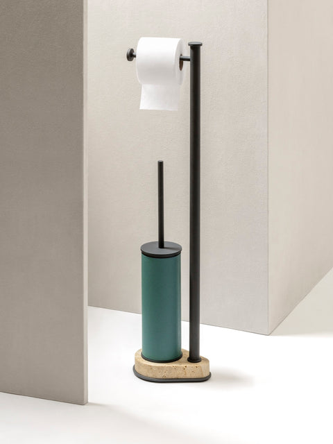 Giobagnara | Positano Freestanding Toilet Brush and Paper Holder: Integrated toilet brush and paper holder in leather, marble, or leather and marble | The Bathroom | 2Jour Concierge, your luxury lifestyle shop | luxury toilet brush holder, Giobagnara Positano, freestanding bathroom accessories, Italian designer bathroom