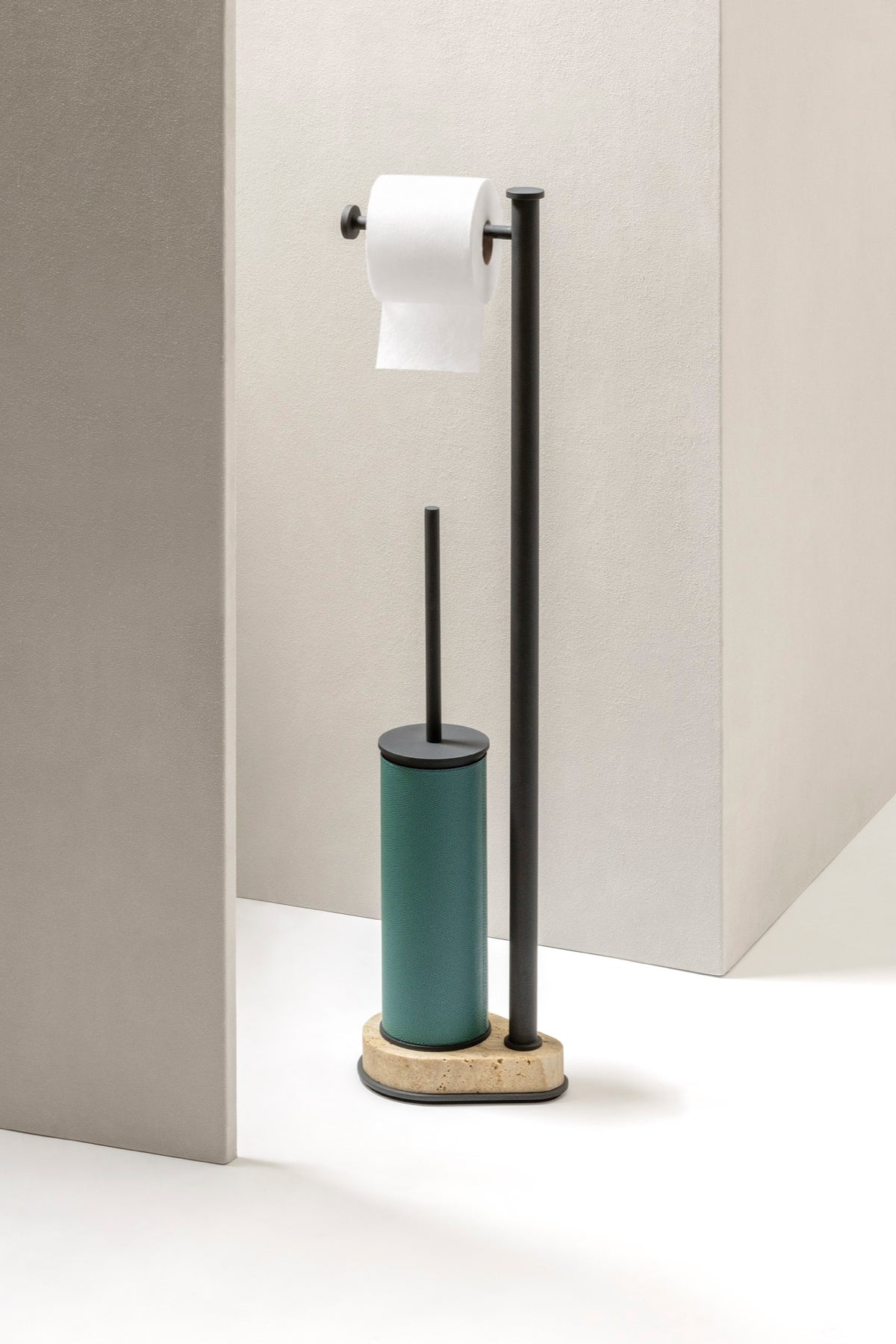 Giobagnara | Positano Freestanding Toilet Brush and Paper Holder: Integrated toilet brush and paper holder in leather, marble, or leather and marble | The Bathroom | 2Jour Concierge, your luxury lifestyle shop | luxury toilet brush holder, Giobagnara Positano, freestanding bathroom accessories, Italian designer bathroom