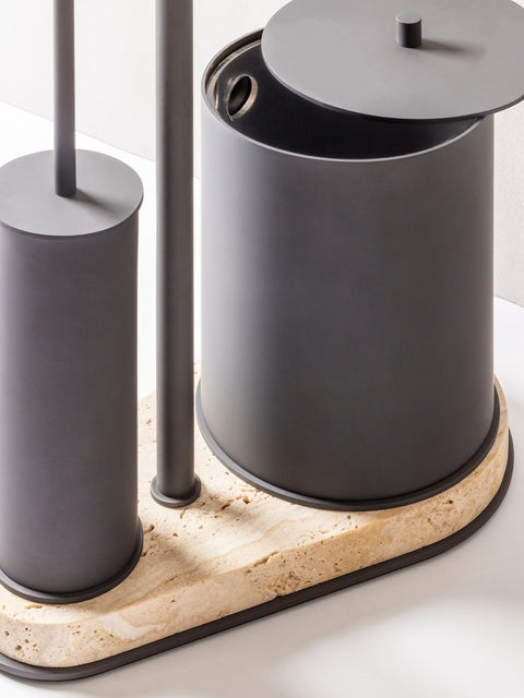 Giobagnara | Positano Freestanding Toilet Brush and Paper Holder with Bin: Integrated wastepaper bin, toilet paper holder, and brush in leather, marble, or leather and marble | The Bathroom | 2Jour Concierge, your luxury lifestyle shop | luxury bathroom unit, Giobagnara Positano, freestanding bathroom accessories