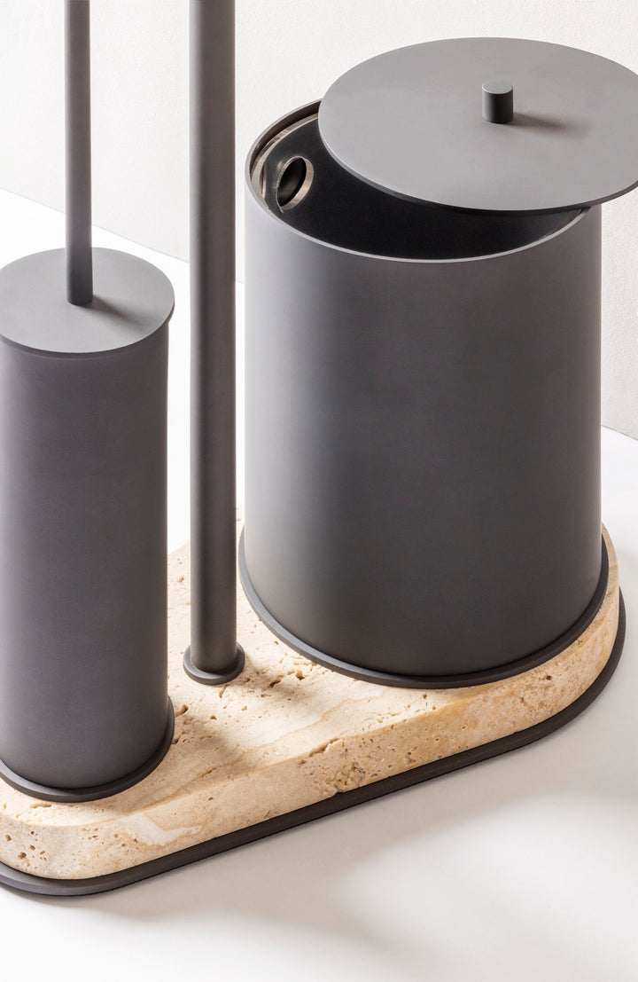 Giobagnara | Positano Freestanding Toilet Brush and Paper Holder with Bin: Integrated wastepaper bin, toilet paper holder, and brush in leather, marble, or leather and marble | The Bathroom | 2Jour Concierge, your luxury lifestyle shop | luxury bathroom unit, Giobagnara Positano, freestanding bathroom accessories