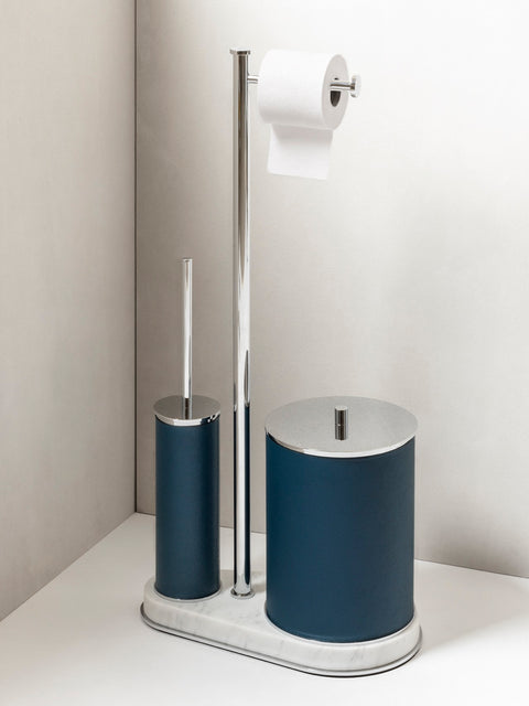 Giobagnara | Positano Freestanding Toilet Brush and Paper Holder with Bin: Integrated wastepaper bin, toilet paper holder, and brush in leather, marble, or leather and marble | The Bathroom | 2Jour Concierge, your luxury lifestyle shop | luxury bathroom unit, Giobagnara Positano, freestanding bathroom accessories