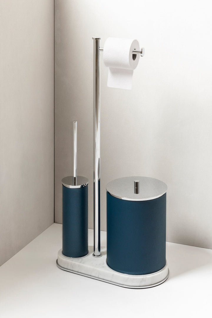 Giobagnara | Positano Freestanding Toilet Brush and Paper Holder with Bin: Integrated wastepaper bin, toilet paper holder, and brush in leather, marble, or leather and marble | The Bathroom | 2Jour Concierge, your luxury lifestyle shop | luxury bathroom unit, Giobagnara Positano, freestanding bathroom accessories