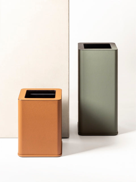 Giobagnara | Polo Metal Double Wall Bin: Leather-covered bathroom bin with metal base and concealed liner | Bathroom / Bins | 2Jour Concierge, your luxury lifestyle shop | premium bathroom accessories for expensive interiors, hotels, and curated hospitality environments