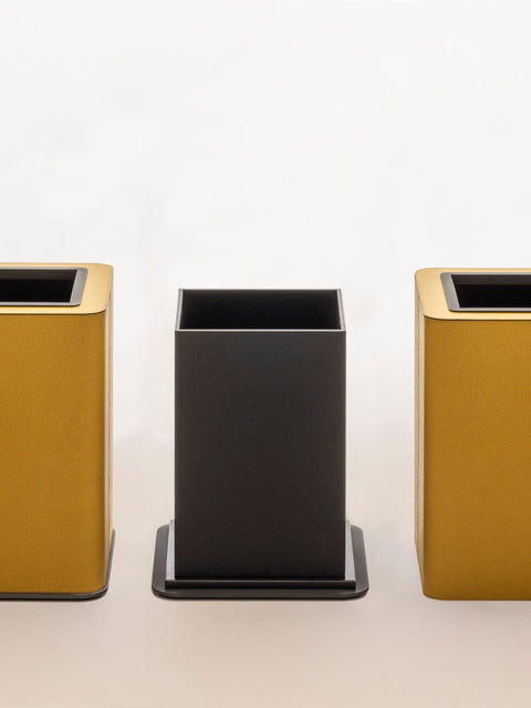 Giobagnara | Polo Metal Double Wall Bin: Leather-covered bathroom bin with metal base and concealed liner | Bathroom / Bins | 2Jour Concierge, your luxury lifestyle shop | premium bathroom accessories for expensive interiors, hotels, and curated hospitality environments