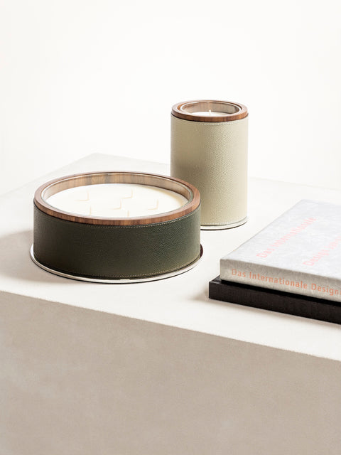 Giobagnara Positano | Candle Holder: Leather with walnut wood trim and metal base, smooth finish, with removable wax candle insert | Decor / Vases & Candle Holders | 2Jour Concierge, your luxury lifestyle shop | luxury interiors, hospitality décor, elegant living, designer home accessories, boutique hotels, refined lifestyle, yacht décor