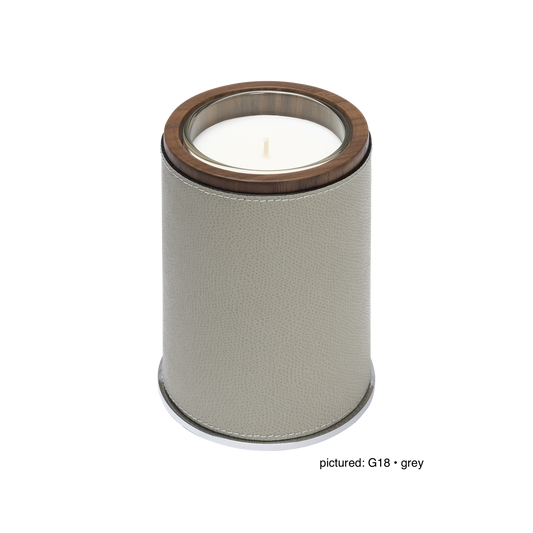 Giobagnara Positano | Candle Holder: Leather with walnut wood trim and metal base, smooth finish, with removable wax candle insert | Decor / Vases & Candle Holders | 2Jour Concierge, your luxury lifestyle shop | luxury interiors, hospitality décor, elegant living, designer home accessories, boutique hotels, refined lifestyle, yacht décor