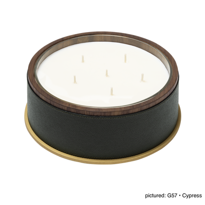 Giobagnara Positano | Candle Holder: Leather with walnut wood trim and metal base, smooth finish, with removable wax candle insert | Decor / Vases & Candle Holders | 2Jour Concierge, your luxury lifestyle shop | luxury interiors, hospitality décor, elegant living, designer home accessories, boutique hotels, refined lifestyle, yacht décor