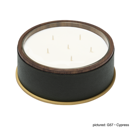 Giobagnara Positano | Candle Holder: Leather with walnut wood trim and metal base, smooth finish, with removable wax candle insert | Decor / Vases & Candle Holders | 2Jour Concierge, your luxury lifestyle shop | luxury interiors, hospitality décor, elegant living, designer home accessories, boutique hotels, refined lifestyle, yacht décor