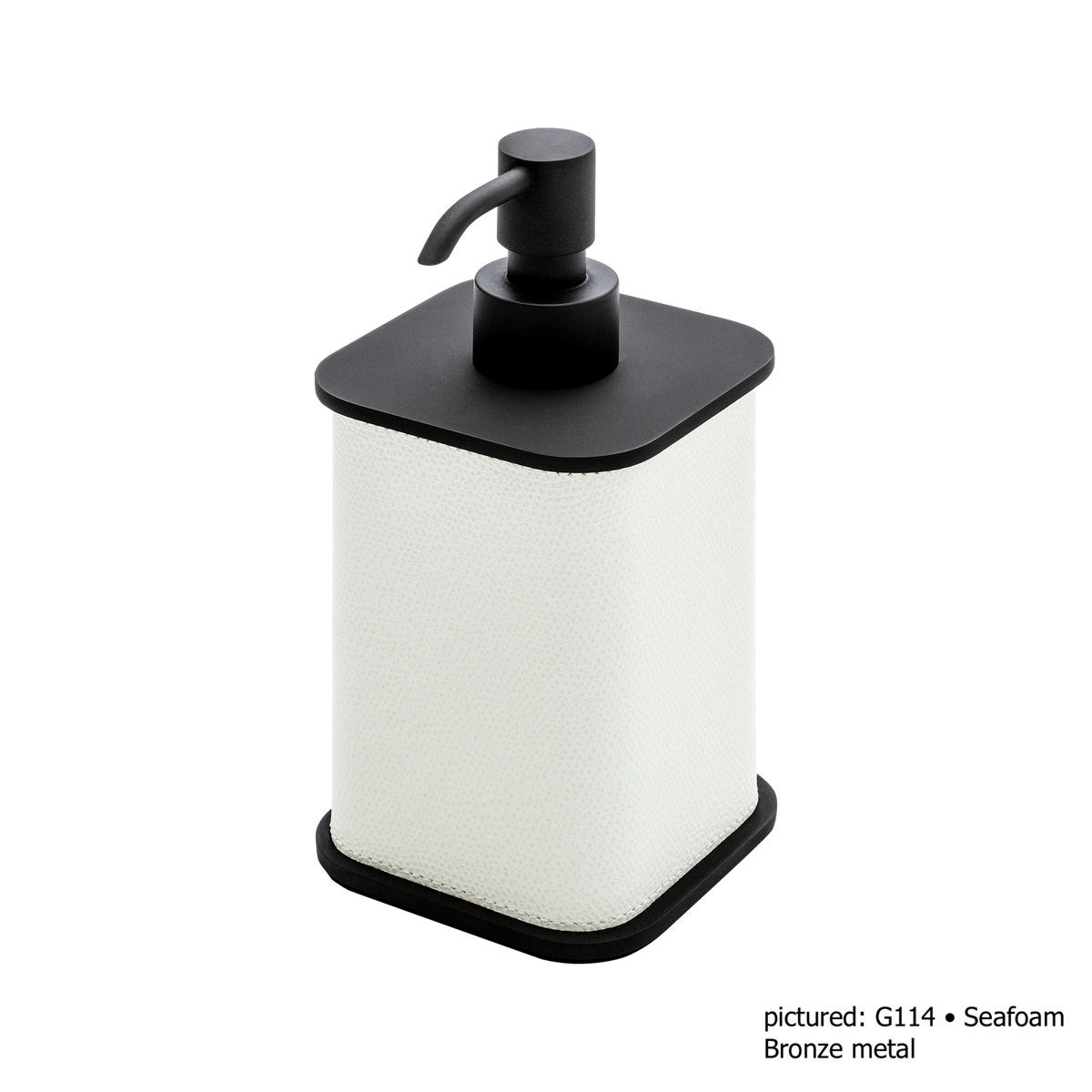 Giobagnara | Polo Leather Soap Dispenser: Leather-covered body with rounded silhouette and metal pump in chrome, bronze, or brass | The Bathroom | 2Jour Concierge, your luxury lifestyle shop | luxury soap dispenser, Giobagnara Polo, leather bathroom accessory, Italian designer soap dispenser
