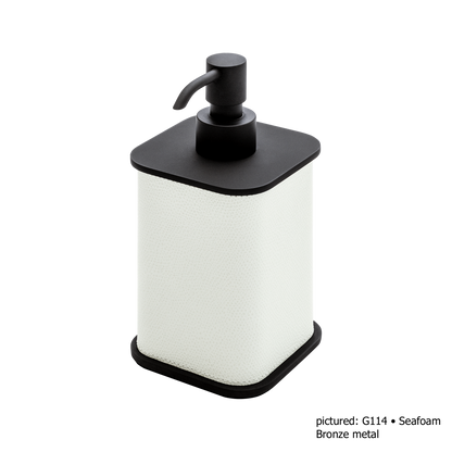 Giobagnara | Polo Leather Soap Dispenser: Leather-covered body with rounded silhouette and metal pump in chrome, bronze, or brass | The Bathroom | 2Jour Concierge, your luxury lifestyle shop | luxury soap dispenser, Giobagnara Polo, leather bathroom accessory, Italian designer soap dispenser