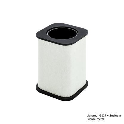 Giobagnara | Polo Leather Toothbrush Holder: Leather-covered body with rounded silhouette and metal detail in chrome, bronze, or brass | The Bathroom | 2Jour Concierge, your luxury lifestyle shop | luxury toothbrush holder, Giobagnara Polo, leather bathroom accessory, Italian designer toothbrush holder