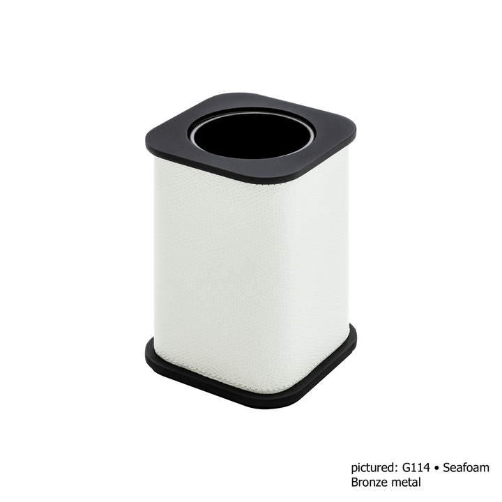 Giobagnara | Polo Leather Toothbrush Holder: Leather-covered body with rounded silhouette and metal detail in chrome, bronze, or brass | The Bathroom | 2Jour Concierge, your luxury lifestyle shop | luxury toothbrush holder, Giobagnara Polo, leather bathroom accessory, Italian designer toothbrush holder