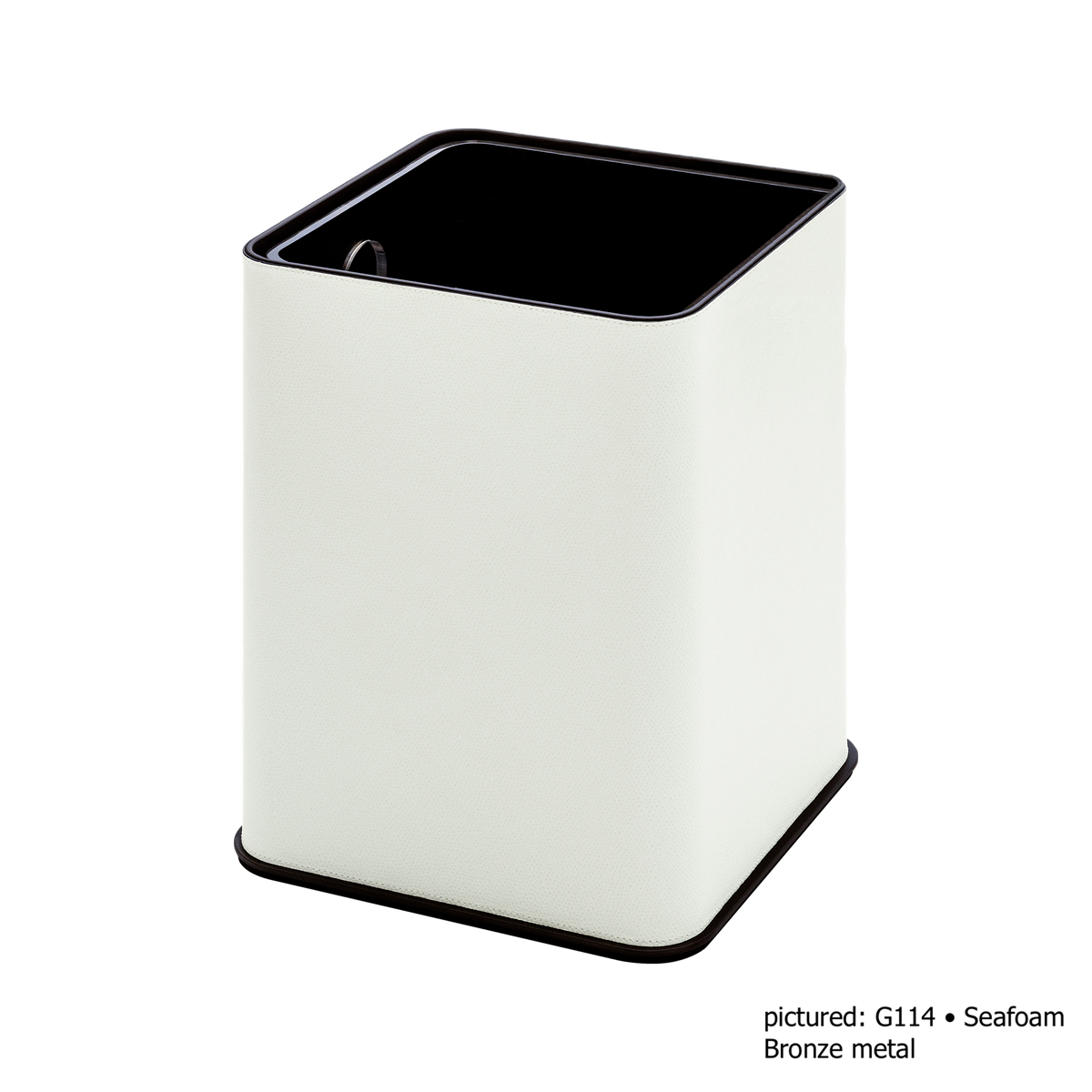 Giobagnara | Polo Leather Bin: Leather-covered solid brass bin with metal details, removable plexiglass inner container | The Bathroom | 2Jour Concierge, your luxury lifestyle shop | luxury bathroom bin, Giobagnara Polo, leather waste bin, Italian designer bin, bathroom bin with lid
