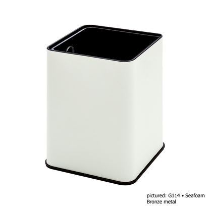 Giobagnara | Polo Leather Bin: Leather-covered solid brass bin with metal details, removable plexiglass inner container | The Bathroom | 2Jour Concierge, your luxury lifestyle shop | luxury bathroom bin, Giobagnara Polo, leather waste bin, Italian designer bin, bathroom bin with lid