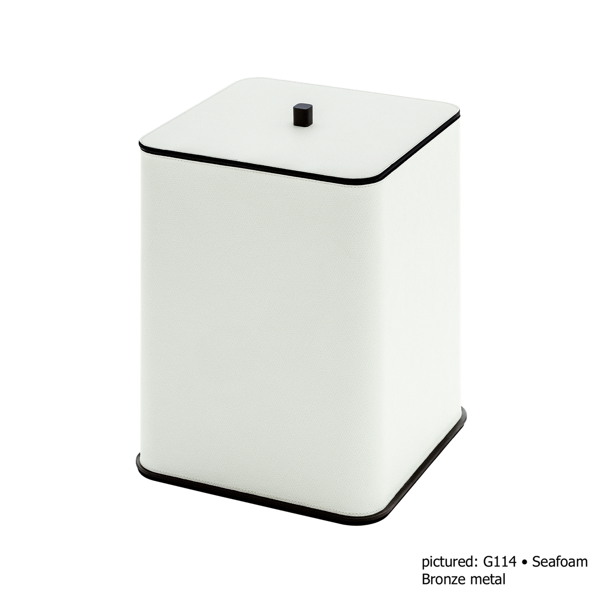 Giobagnara | Polo Leather Bin: Leather-covered solid brass bin with metal details, removable plexiglass inner container | The Bathroom | 2Jour Concierge, your luxury lifestyle shop | luxury bathroom bin, Giobagnara Polo, leather waste bin, Italian designer bin, bathroom bin with lid