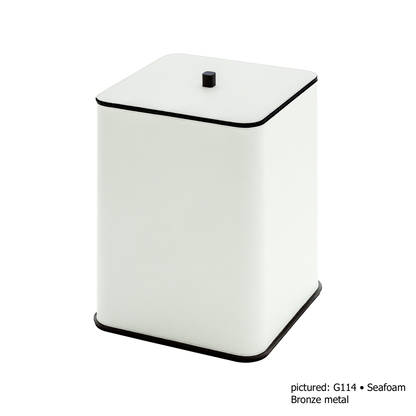 Giobagnara | Polo Leather Bin: Leather-covered solid brass bin with metal details, removable plexiglass inner container | The Bathroom | 2Jour Concierge, your luxury lifestyle shop | luxury bathroom bin, Giobagnara Polo, leather waste bin, Italian designer bin, bathroom bin with lid
