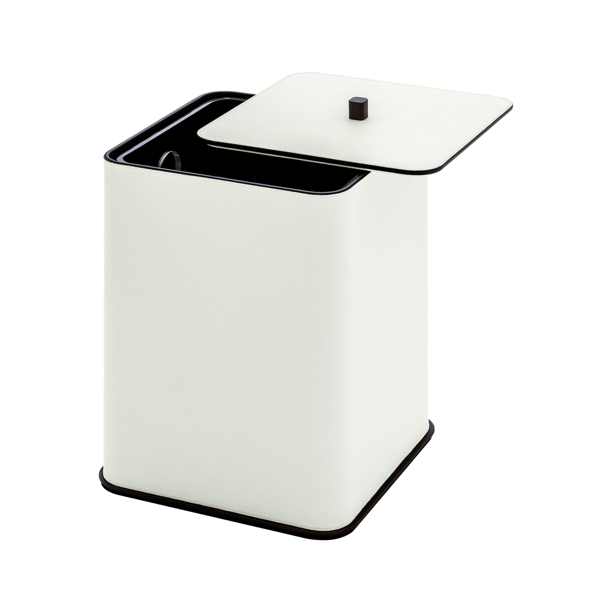 Giobagnara | Polo Leather Bin: Leather-covered solid brass bin with metal details, removable plexiglass inner container | The Bathroom | 2Jour Concierge, your luxury lifestyle shop | luxury bathroom bin, Giobagnara Polo, leather waste bin, Italian designer bin, bathroom bin with lid