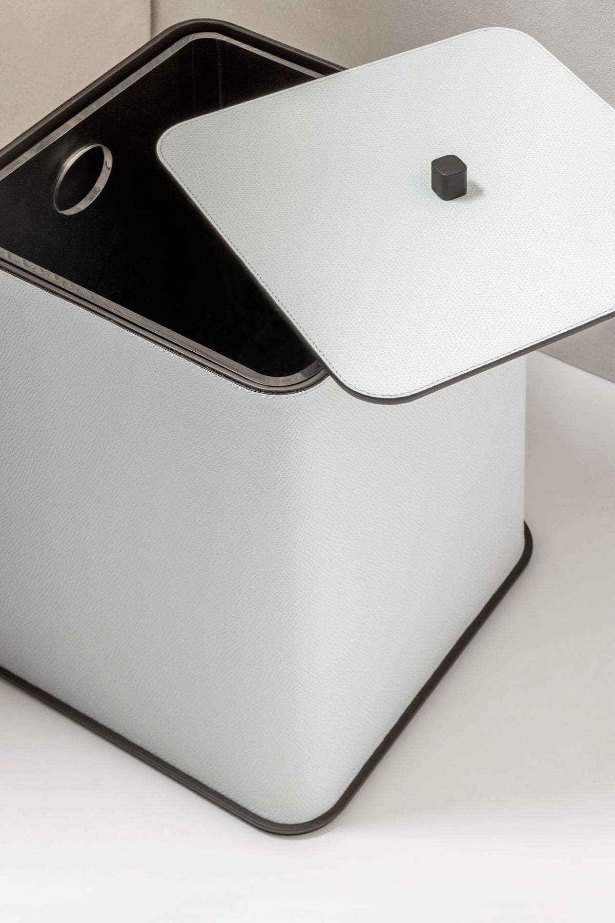 Giobagnara | Polo Leather Bin: Leather-covered solid brass bin with metal details, removable plexiglass inner container | The Bathroom | 2Jour Concierge, your luxury lifestyle shop | luxury bathroom bin, Giobagnara Polo, leather waste bin, Italian designer bin, bathroom bin with lid