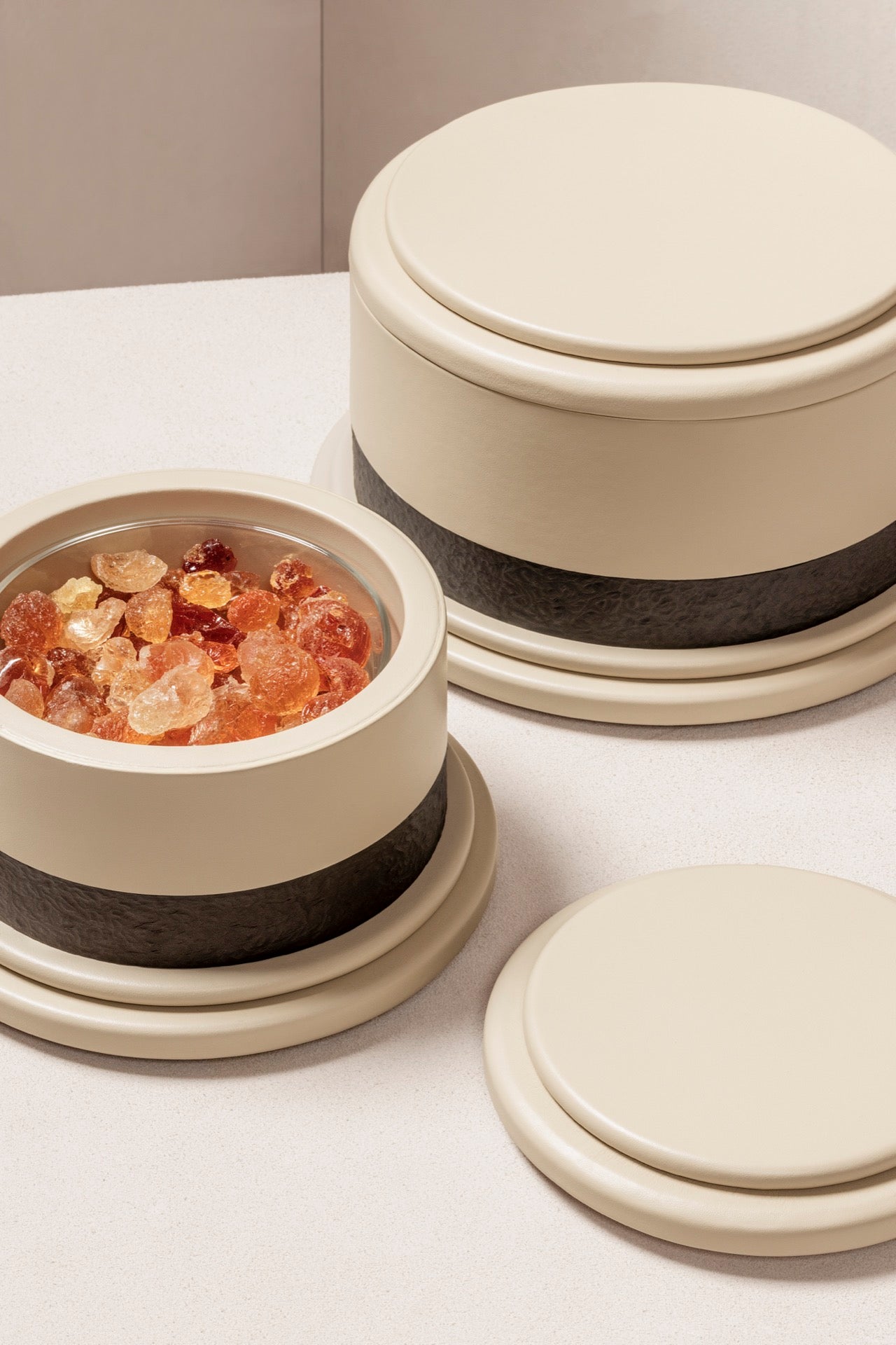 Giobagnara | Dune Incense Box: Leather-covered incense box with metal insert and removable lid | Decor / Trinket Boxes | 2Jour Concierge, your luxury lifestyle shop | luxury decorative ritual storage, premium incense accessories for expensive interiors, meditation spaces, and curated living environments