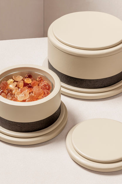 Giobagnara | Dune Incense Box: Leather-covered incense box with metal insert and removable lid | Decor / Trinket Boxes | 2Jour Concierge, your luxury lifestyle shop | luxury decorative ritual storage, premium incense accessories for expensive interiors, meditation spaces, and curated living environments