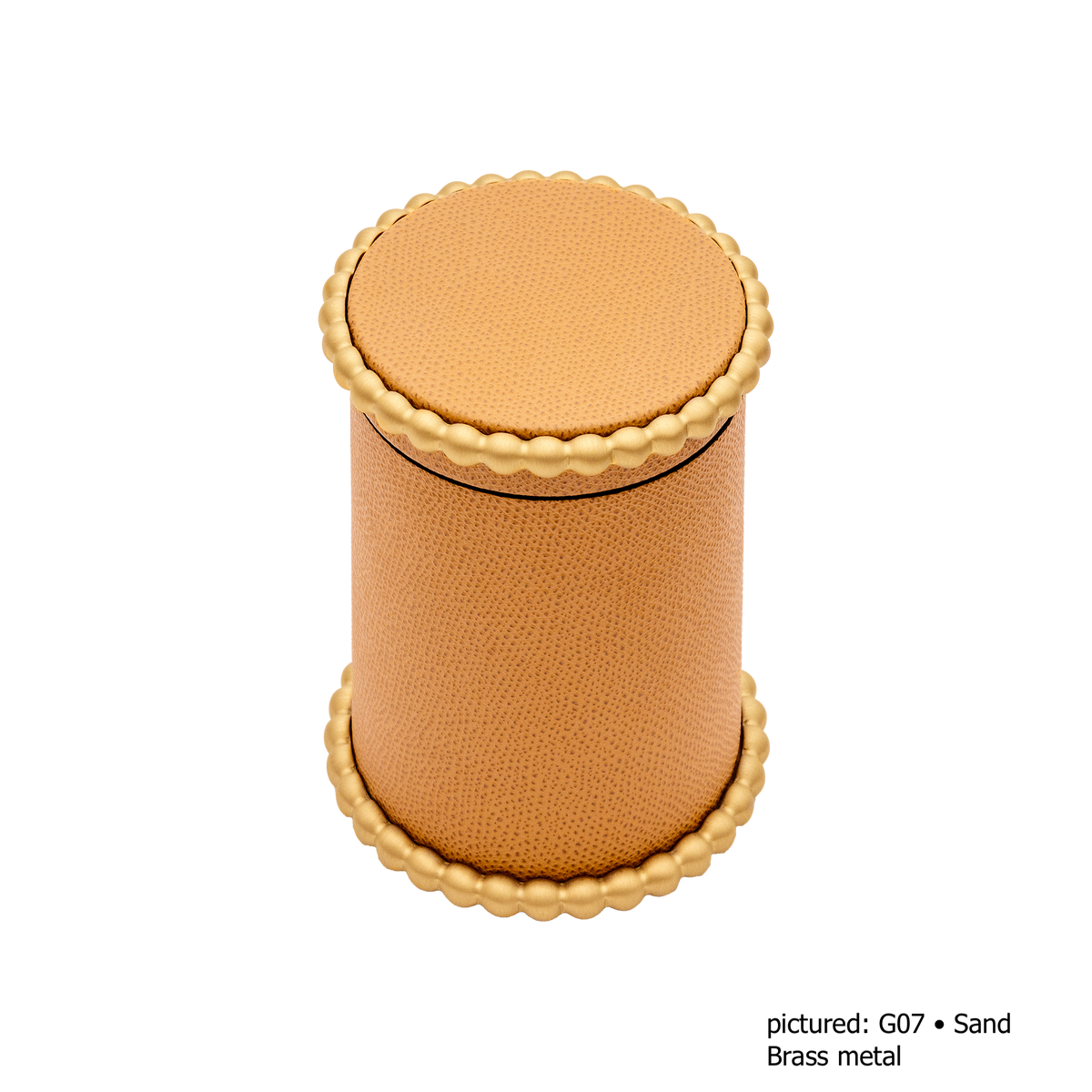 Giobagnara | Perla Round Trinket Box: Leather-covered round box with lid and metal ring of linked spheres | Decor | 2Jour Concierge, your luxury lifestyle shop | luxury trinket box, Giobagnara Perla, round leather box, Italian designer box, leather storage box