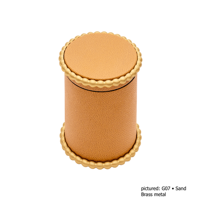 Giobagnara | Perla Round Trinket Box: Leather-covered round box with lid and metal ring of linked spheres | Decor | 2Jour Concierge, your luxury lifestyle shop | luxury trinket box, Giobagnara Perla, round leather box, Italian designer box, leather storage box