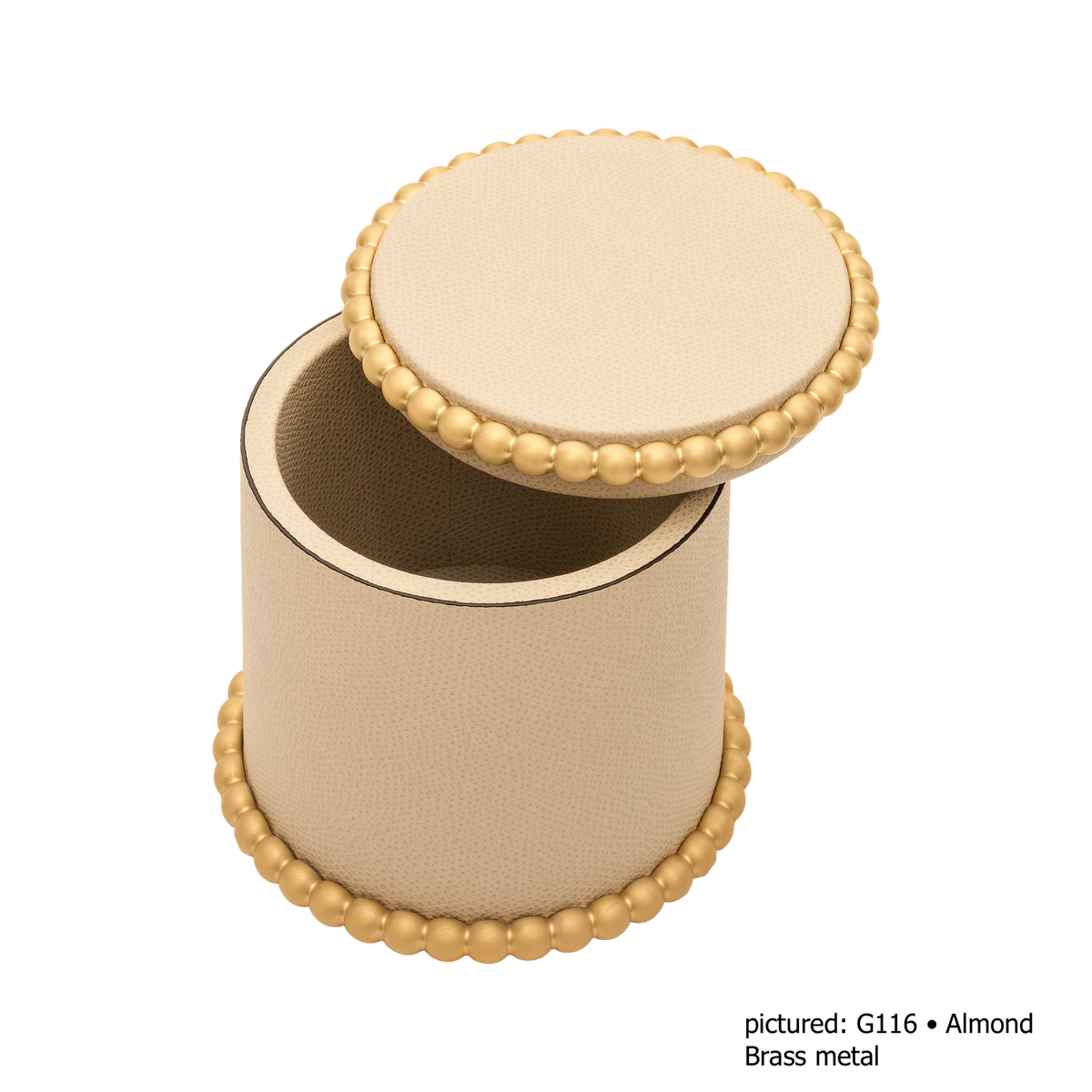 Giobagnara | Perla Round Trinket Box: Leather-covered round box with lid and metal ring of linked spheres | Decor | 2Jour Concierge, your luxury lifestyle shop | luxury trinket box, Giobagnara Perla, round leather box, Italian designer box, leather storage box