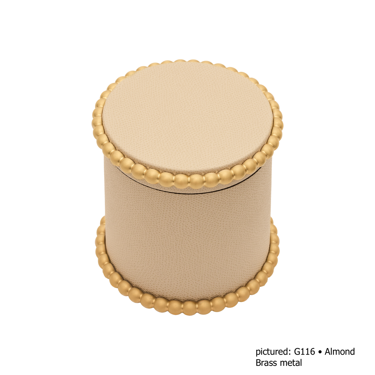 Giobagnara | Perla Round Trinket Box: Leather-covered round box with lid and metal ring of linked spheres | Decor | 2Jour Concierge, your luxury lifestyle shop | luxury trinket box, Giobagnara Perla, round leather box, Italian designer box, leather storage box