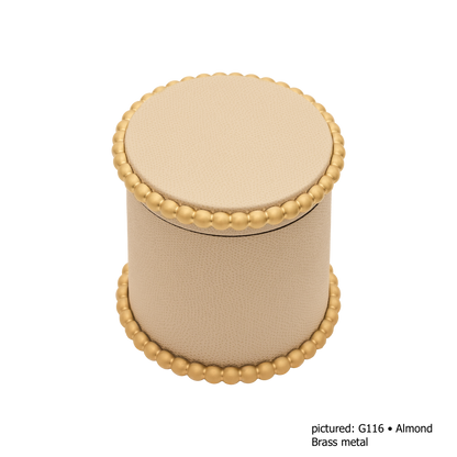 Giobagnara | Perla Round Trinket Box: Leather-covered round box with lid and metal ring of linked spheres | Decor | 2Jour Concierge, your luxury lifestyle shop | luxury trinket box, Giobagnara Perla, round leather box, Italian designer box, leather storage box