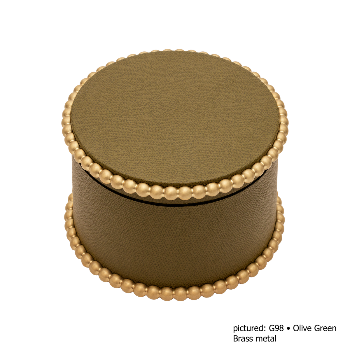 Giobagnara | Perla Round Trinket Box: Leather-covered round box with lid and metal ring of linked spheres | Decor | 2Jour Concierge, your luxury lifestyle shop | luxury trinket box, Giobagnara Perla, round leather box, Italian designer box, leather storage box