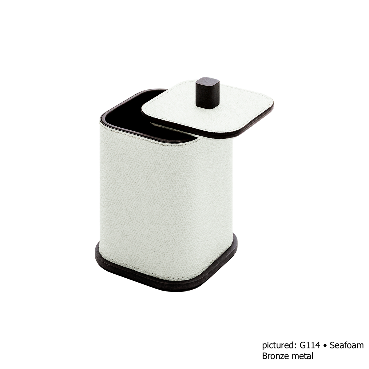Giobagnara | Polo Leather Box Large: Leather-covered box with lid, rounded silhouette and metal detail in chrome, bronze, or brass | The Bathroom | 2Jour Concierge, your luxury lifestyle shop | luxury bathroom box, Giobagnara Polo, leather storage box, Italian designer bathroom box, countertop storage