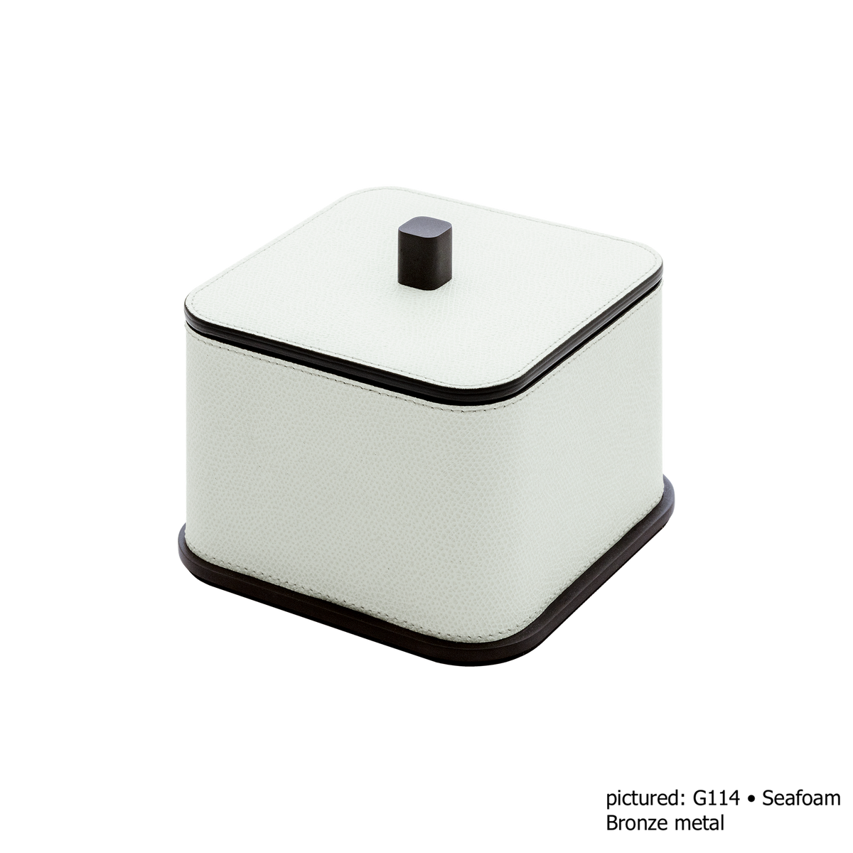 Giobagnara | Polo Leather Box Large: Leather-covered box with lid, rounded silhouette and metal detail in chrome, bronze, or brass | The Bathroom | 2Jour Concierge, your luxury lifestyle shop | luxury bathroom box, Giobagnara Polo, leather storage box, Italian designer bathroom box, countertop storage
