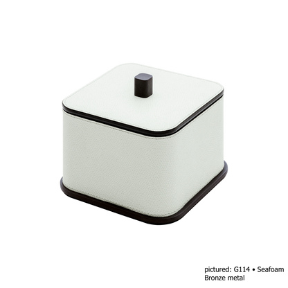 Giobagnara | Polo Leather Box Large: Leather-covered box with lid, rounded silhouette and metal detail in chrome, bronze, or brass | The Bathroom | 2Jour Concierge, your luxury lifestyle shop | luxury bathroom box, Giobagnara Polo, leather storage box, Italian designer bathroom box, countertop storage
