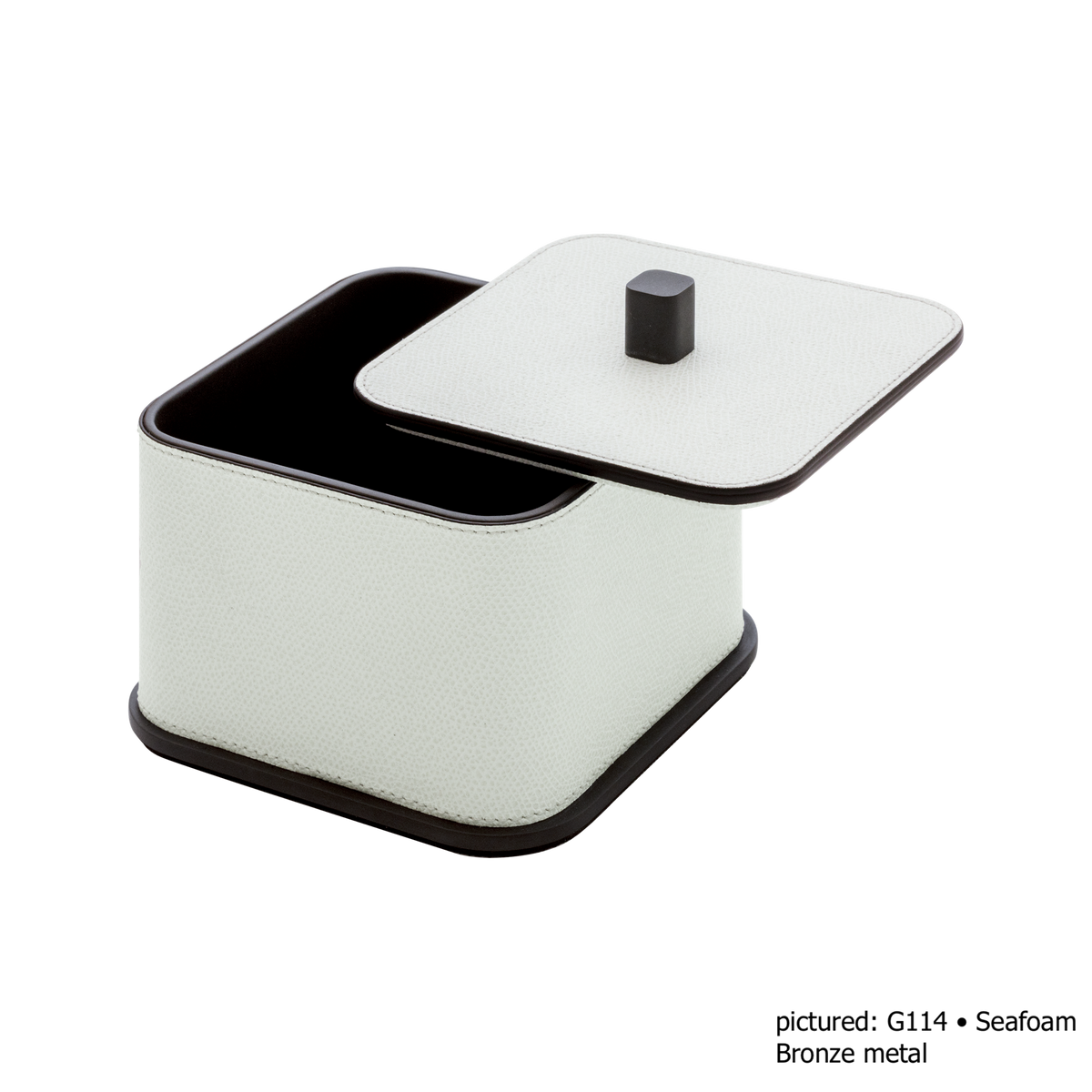 Giobagnara | Polo Leather Box Large: Leather-covered box with lid, rounded silhouette and metal detail in chrome, bronze, or brass | The Bathroom | 2Jour Concierge, your luxury lifestyle shop | luxury bathroom box, Giobagnara Polo, leather storage box, Italian designer bathroom box, countertop storage