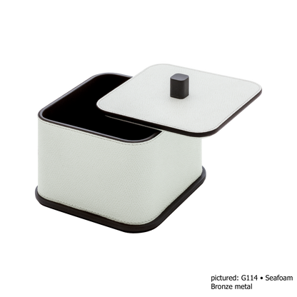 Giobagnara | Polo Leather Box Large: Leather-covered box with lid, rounded silhouette and metal detail in chrome, bronze, or brass | The Bathroom | 2Jour Concierge, your luxury lifestyle shop | luxury bathroom box, Giobagnara Polo, leather storage box, Italian designer bathroom box, countertop storage