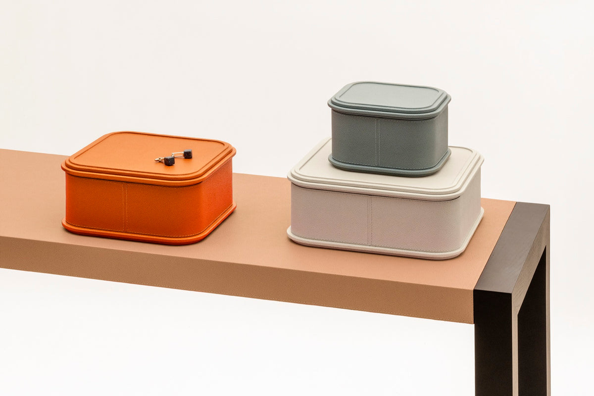 Giobagnara | Rolli Trinket Box: Leather-covered box with layered architectural profiles, monochrome and bicolor, in square, rectangular, long rectangular, and round forms | Decor | 2Jour Concierge, your luxury lifestyle shop | luxury trinket box, Giobagnara Rolli, architectural leather box, Italian designer box