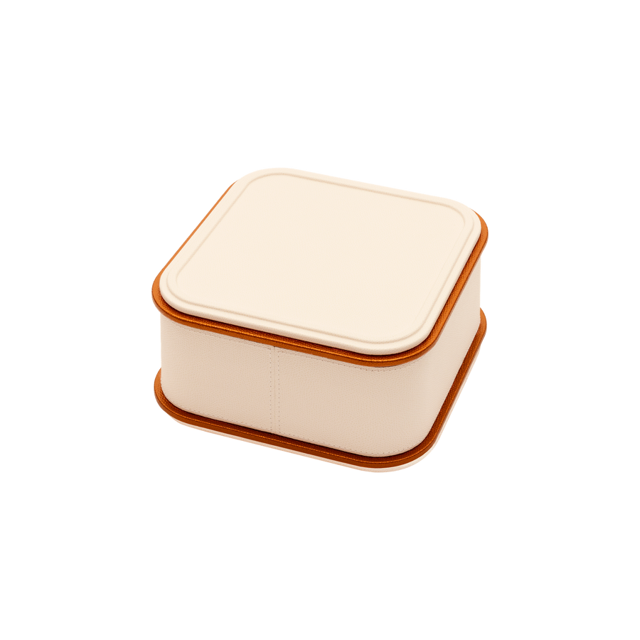 Giobagnara | Rolli Trinket Box: Leather-covered box with layered architectural profiles, monochrome and bicolor, in square, rectangular, long rectangular, and round forms | Decor | 2Jour Concierge, your luxury lifestyle shop | luxury trinket box, Giobagnara Rolli, architectural leather box, Italian designer box