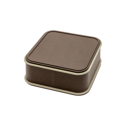 Giobagnara | Rolli Trinket Box: Leather-covered box with layered architectural profiles, monochrome and bicolor, in square, rectangular, long rectangular, and round forms | Decor | 2Jour Concierge, your luxury lifestyle shop | luxury trinket box, Giobagnara Rolli, architectural leather box, Italian designer box