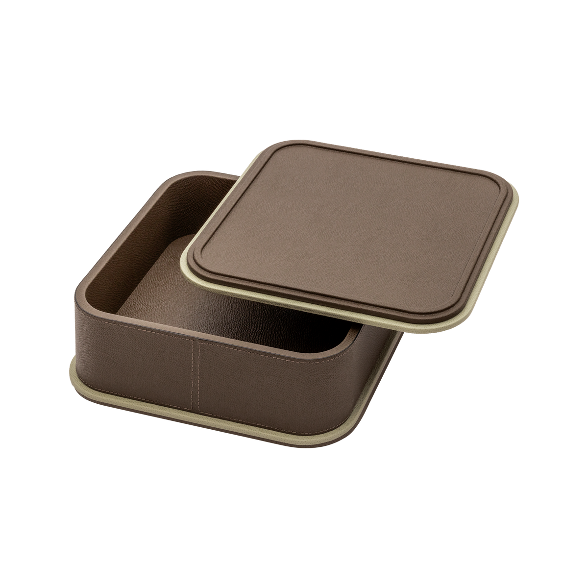 Giobagnara | Rolli Trinket Box: Leather-covered box with layered architectural profiles, monochrome and bicolor, in square, rectangular, long rectangular, and round forms | Decor | 2Jour Concierge, your luxury lifestyle shop | luxury trinket box, Giobagnara Rolli, architectural leather box, Italian designer box