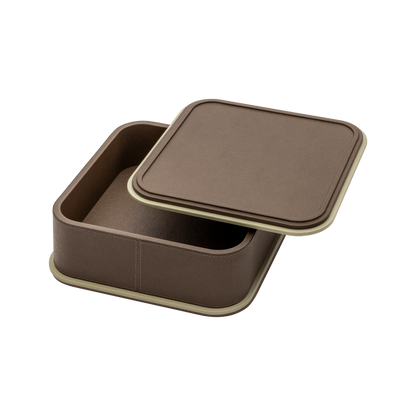 Giobagnara | Rolli Trinket Box: Leather-covered box with layered architectural profiles, monochrome and bicolor, in square, rectangular, long rectangular, and round forms | Decor | 2Jour Concierge, your luxury lifestyle shop | luxury trinket box, Giobagnara Rolli, architectural leather box, Italian designer box