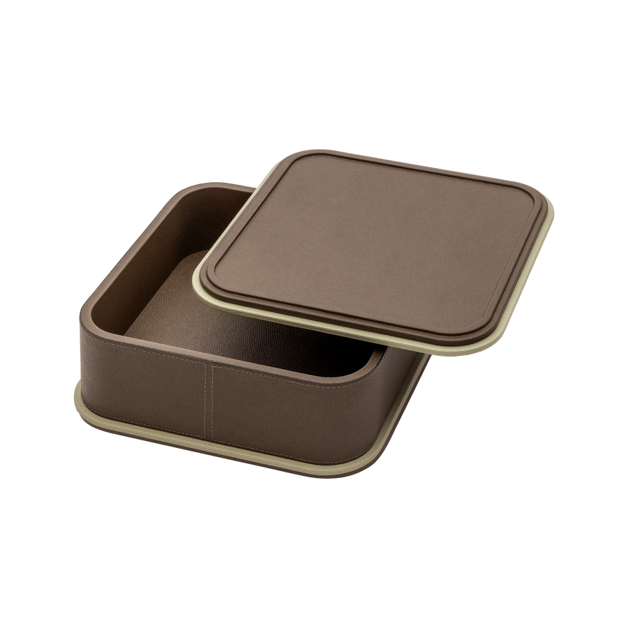 Giobagnara | Rolli Trinket Box: Leather-covered box with layered architectural profiles, monochrome and bicolor, in square, rectangular, long rectangular, and round forms | Decor | 2Jour Concierge, your luxury lifestyle shop | luxury trinket box, Giobagnara Rolli, architectural leather box, Italian designer box