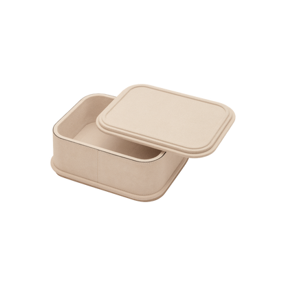 Giobagnara | Rolli Trinket Box: Leather-covered box with layered architectural profiles, monochrome and bicolor, in square, rectangular, long rectangular, and round forms | Decor | 2Jour Concierge, your luxury lifestyle shop | luxury trinket box, Giobagnara Rolli, architectural leather box, Italian designer box