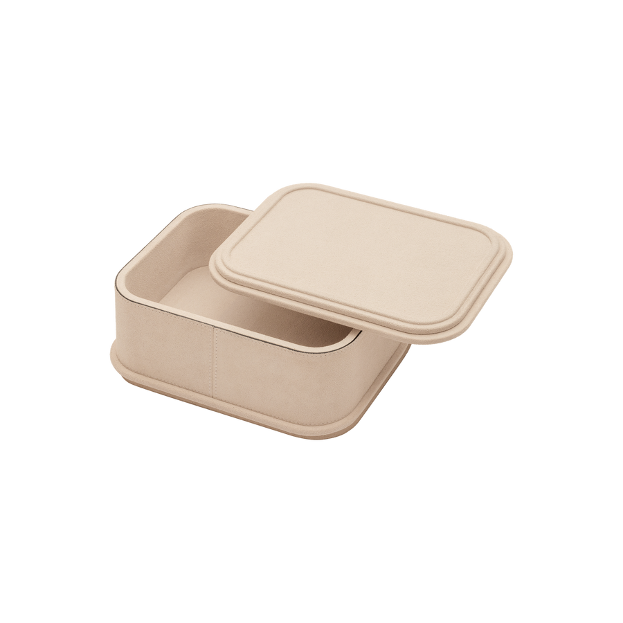 Giobagnara | Rolli Trinket Box: Leather-covered box with layered architectural profiles, monochrome and bicolor, in square, rectangular, long rectangular, and round forms | Decor | 2Jour Concierge, your luxury lifestyle shop | luxury trinket box, Giobagnara Rolli, architectural leather box, Italian designer box