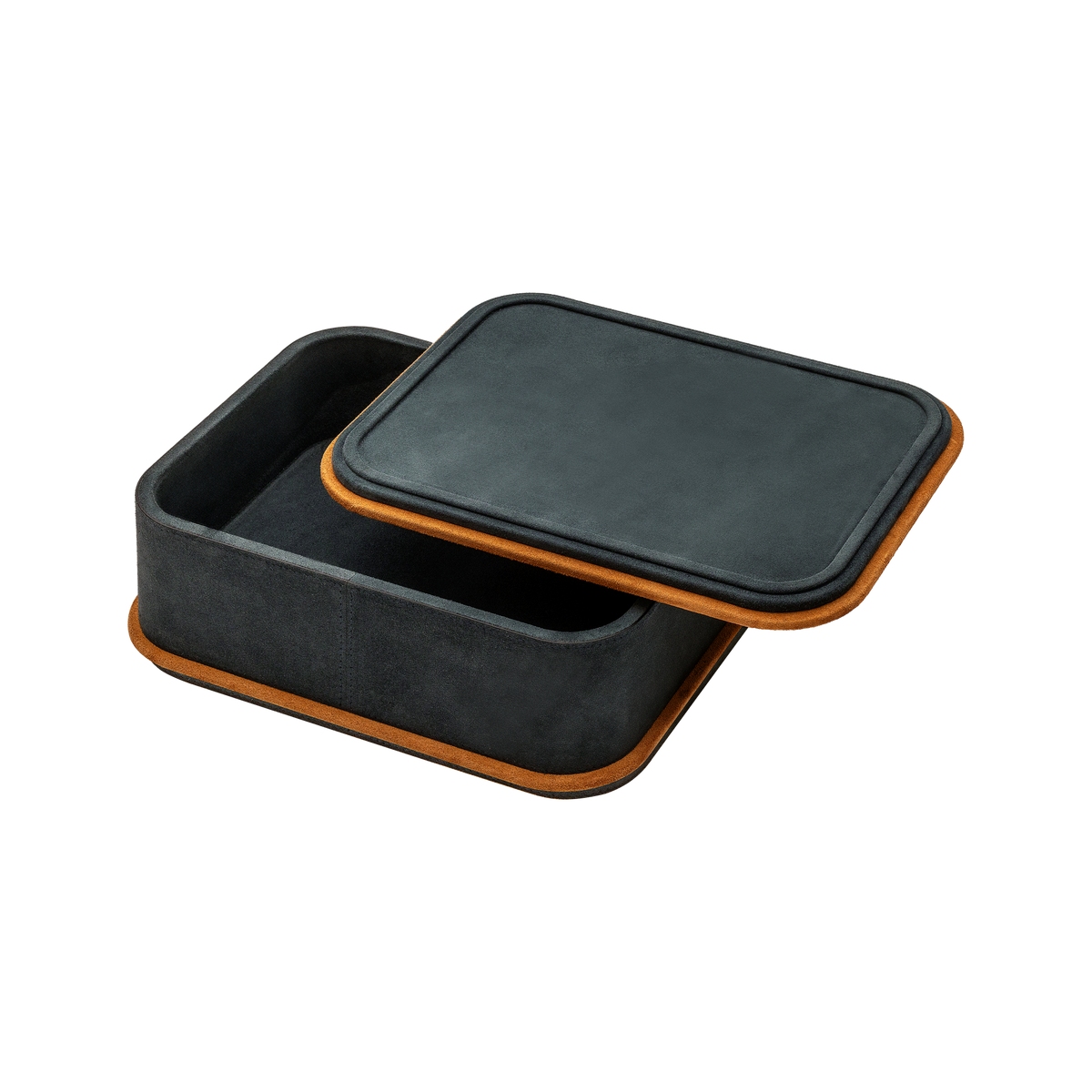 Giobagnara | Rolli Trinket Box: Leather-covered box with layered architectural profiles, monochrome and bicolor, in square, rectangular, long rectangular, and round forms | Decor | 2Jour Concierge, your luxury lifestyle shop | luxury trinket box, Giobagnara Rolli, architectural leather box, Italian designer box