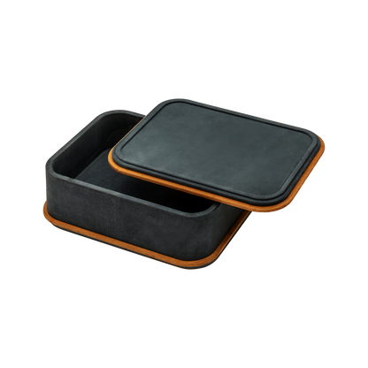 Giobagnara | Rolli Trinket Box: Leather-covered box with layered architectural profiles, monochrome and bicolor, in square, rectangular, long rectangular, and round forms | Decor | 2Jour Concierge, your luxury lifestyle shop | luxury trinket box, Giobagnara Rolli, architectural leather box, Italian designer box