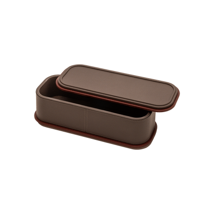 Giobagnara | Rolli Trinket Box: Leather-covered box with layered architectural profiles, monochrome and bicolor, in square, rectangular, long rectangular, and round forms | Decor | 2Jour Concierge, your luxury lifestyle shop | luxury trinket box, Giobagnara Rolli, architectural leather box, Italian designer box