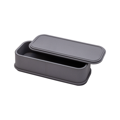 Giobagnara | Rolli Trinket Box: Leather-covered box with layered architectural profiles, monochrome and bicolor, in square, rectangular, long rectangular, and round forms | Decor | 2Jour Concierge, your luxury lifestyle shop | luxury trinket box, Giobagnara Rolli, architectural leather box, Italian designer box
