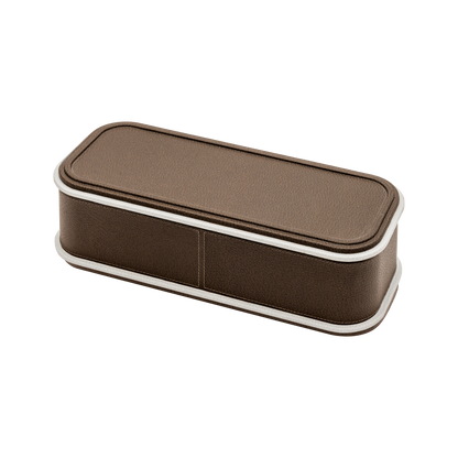 Giobagnara | Rolli Trinket Box: Leather-covered box with layered architectural profiles, monochrome and bicolor, in square, rectangular, long rectangular, and round forms | Decor | 2Jour Concierge, your luxury lifestyle shop | luxury trinket box, Giobagnara Rolli, architectural leather box, Italian designer box