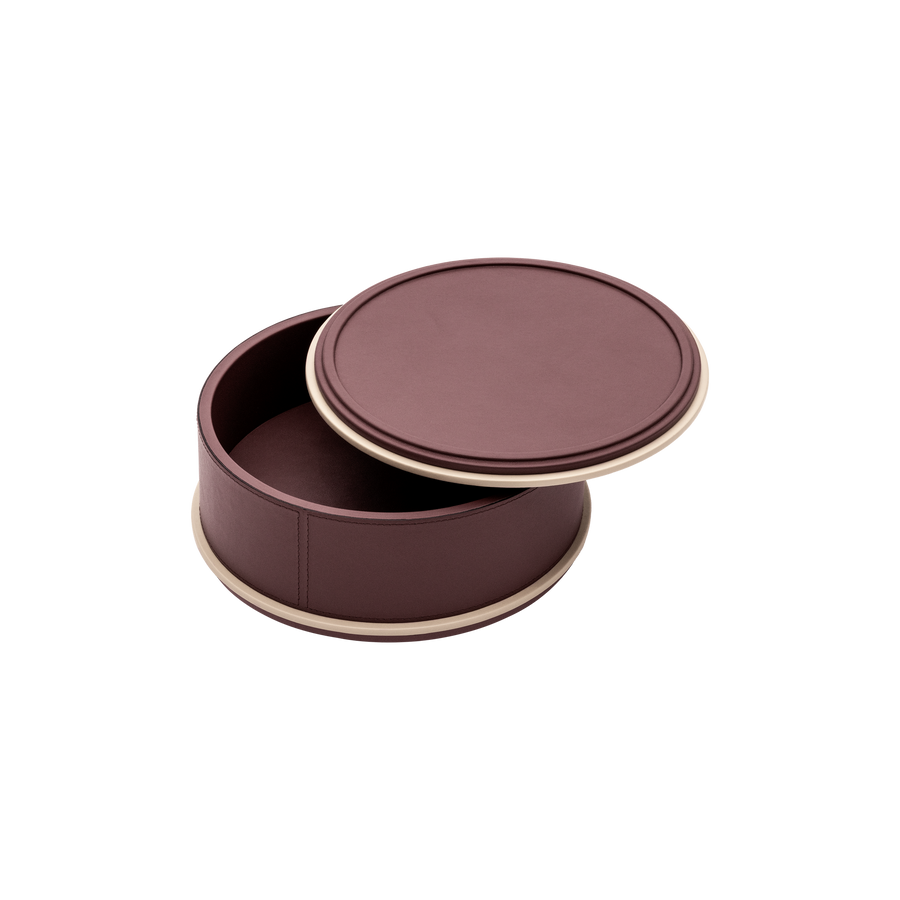 Giobagnara | Rolli Trinket Box: Leather-covered box with layered architectural profiles, monochrome and bicolor, in square, rectangular, long rectangular, and round forms | Decor | 2Jour Concierge, your luxury lifestyle shop | luxury trinket box, Giobagnara Rolli, architectural leather box, Italian designer box